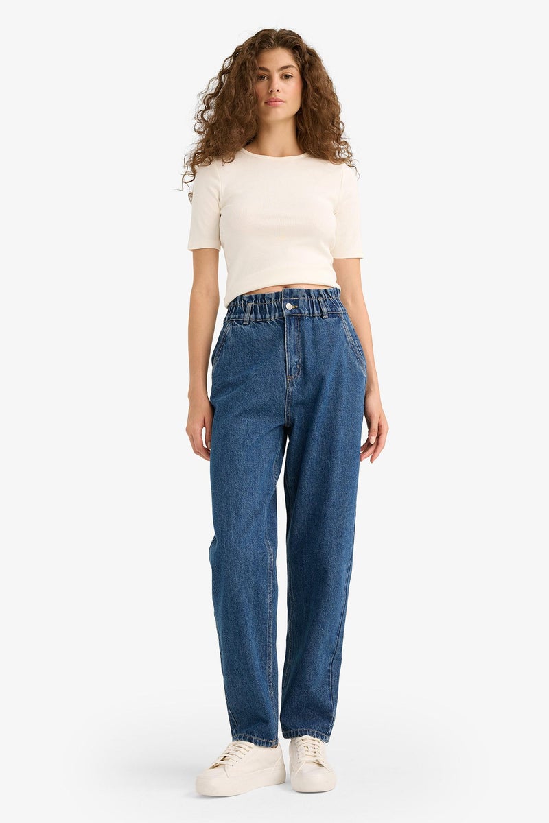 DeFacto Blue Woman Paperbag High Waist Straight Leg Long Jeans Casual - Image 3
